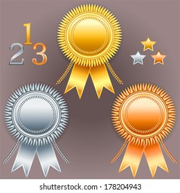 Collection of gold, silver and bronze ribbon badges. Event label.