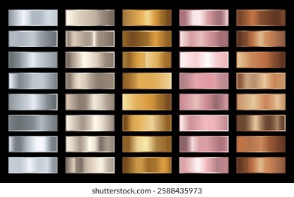 Collection of gold, silver, bronze and rose gold gradients. Brilliant plates with metallic effect. Vector illustration.