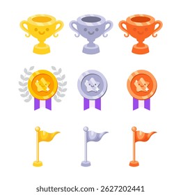 Coleção de troféus de ouro, prata e bronze, medalhas e bandeiras.