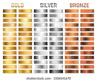 Collection of gold, silver, chrome, bronze metallic gradient. Brilliant plates with gold, silver, chrome, bronze metallic effect. Vector illustration.
