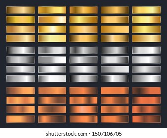 Collection of gold, silver, chrome, bronze metallic gradient. Brilliant plates with gold, silver, chrome, bronze metallic effect. Vector illustration.