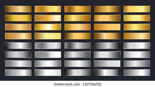 Collection of gold, silver, chrome metallic gradient. Brilliant plates with gold, silver, chrome, metallic effect. Vector illustration.