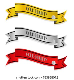 Collection of gold silver and red quality ribbon with shadow isolated on white background