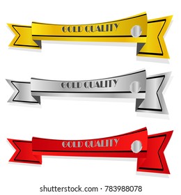 Collection of gold silver and red quality ribbon with shadow isolated on white background