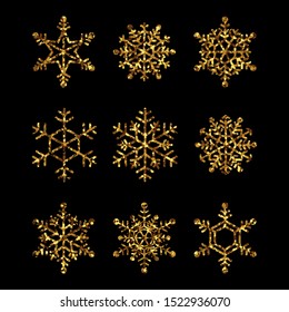 Collection of gold snowflakes. Vector isolated icons for winter holidays, christmas and new year illustrations
