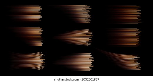 Collection of gold speed lines isolated. Gold light, electric light, light effect png. Curve gold line png for games, video, photo, callout, HUD. Isolated vector illustration.