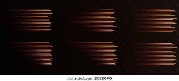 Collection of gold speed lines isolated. Gold light, electric light, light effect png. Curve gold line png for games, video, photo, callout, HUD. Isolated vector illustration.