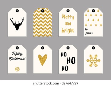 Collection of gold texture Christmas and New Year cute ready-to-use gift tags