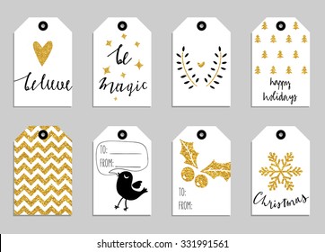 Collection of gold texture Christmas and New Year cute ready-to-use gift tags