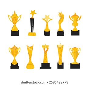 A collection of gold trophy illustrations in various designs, featuring classic cups, stars, and achievement symbols. Perfect for competitions, awards, certificates, and celebratory designs.