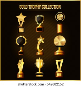 Collection Of Gold Trophy, Vector Illustration.