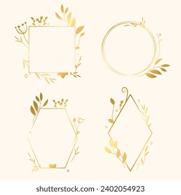 Kollektion von handgezeichneten goldenen Vektorgrafik-Logo-Designelementen, geometrischen Blumenrahmen, Ränder, Kräne, detaillierte Illustrationen. Goldene Färbung