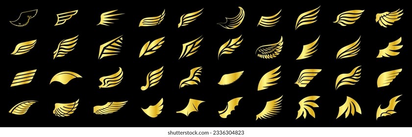 Collection of gold vector wings for logo or emblem design. Bird wings, angel wings elements. Vector illustration