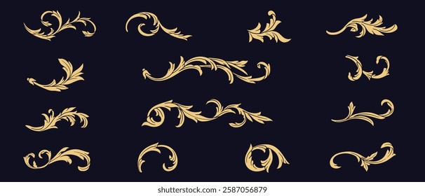 Collection of gold vintage filigree, fancy flourish floral decoration elements. Luxury golden baroque ornamental art decoration vector illustration