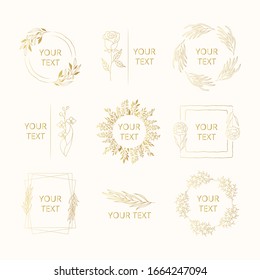 Colección de coronas, marcos y bordes dorados para un diseño elegante. Monogramas y logos de marcas de oro dibujados a mano con ramas florales, flores y hierbas.