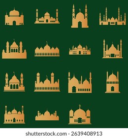 Collection of gold-colored silhouette images of mosques on a deep green backdrop.  The images are simple, stylized representations of various mosques, including their domes and minarets.