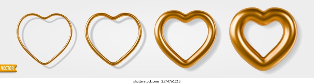 Collection of golden 3D heart frames in different sizes isolated on white background, perfect for Valentines day decorations, wedding invitation card, anniversary celebration, romantic projects Vector