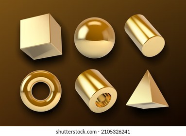 Collection of golden 3D vector shapes with realistic metallic shine and reflections