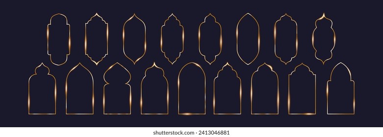 A collection of golden arches, frames, windows, domes of the mosque of Ramadan Kareem and Eid Mubarak. In Islamic, Arabic, Oriental style. Vector illustration