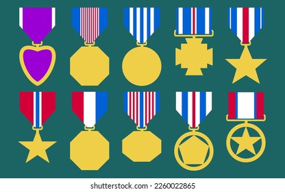 Collection of golden army rewards and trophies. Military medal icons. Flat vector illustration.