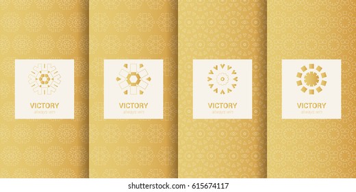 Collection of golden backgrounds. Set of labels, icons, logos and seamless patterns. Templates with luxury foil for packaging.