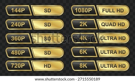 A collection of golden badges displaying various video resolutions from SD to 8K, presented on a transparent checkered background.