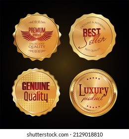 Collection of golden badges and labels