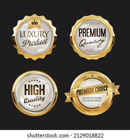 Collection of golden badges and labels