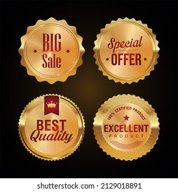 Collection of golden badges and labels