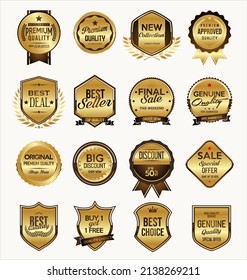 Collection of golden badges and labels