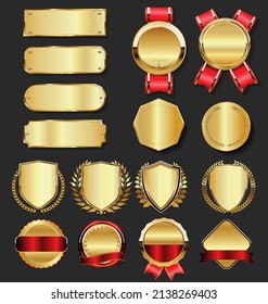 Collection of golden badges and labels