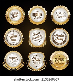Collection of golden badges and labels