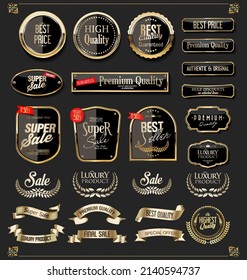 Collection of golden badges and labels