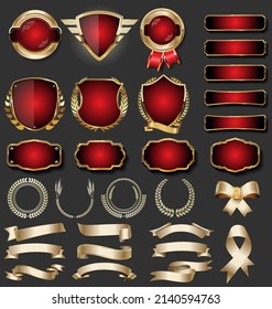 Collection of golden badges and labels