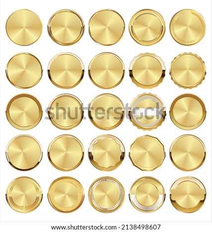 Collection of golden badges and labels