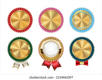 Collection of Golden badges and labels with different ribbons 