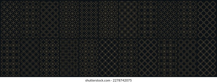 Collection of golden black ornamental seamless vector geometric patterns. Elegant endless ornate dark luxury backgrounds