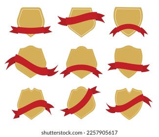 Collection of Golden Blank Badge or Shield Shape with Red Ribbons.