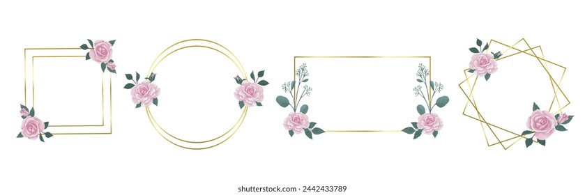Colección de marcos botánicos dorados con flores y brotes de una rosa rosa.Gráficos vectoriales.