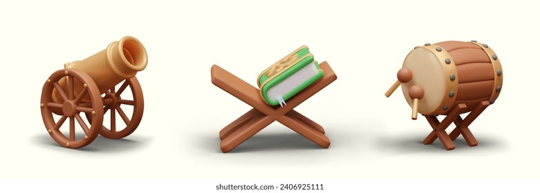 Collection with golden cannon, wooden stage with Quran and musical instrument bedug drum. Traditional Ramadan celebration composition. Vector illustration in 3d style