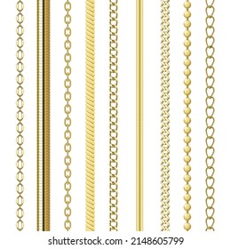 Collection golden chains and necklaces realistic vector illustration. Set shiny fashion jewelry appearance bijouterie different shape isolated. Metallic strong beauty decoration connected circle