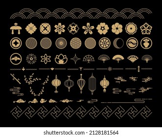 Collection of golden Chinese ornaments and symbols on a black background. Decorative Asian elements.