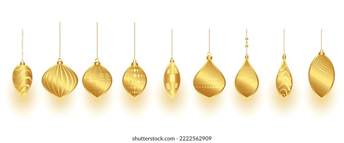 collection of golden christmas bauble ornaments in different design  
