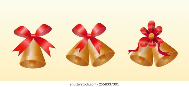 Collection of golden Christmas bells with red bows on a white background, illustrated.