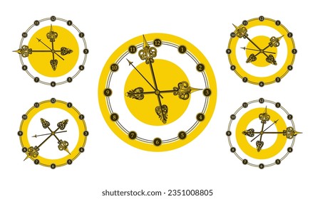 Collection of golden clocks showing different times. Retro stylized drawing. Vector illustration