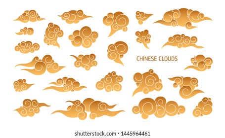 Collection of golden clouds in traditional Chinese style isolated on white background. Bundle of Asian decorative design elements. Set of elegant weather phenomena. Flat colored vector illustration.