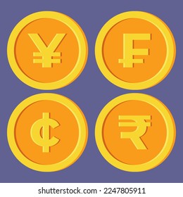 Collection of golden coin icons. Yen, rupee, franc, cent. Currency symbol set. Vector illustration.