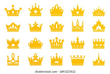 Collection of golden crowns isolated on white background. Crowns for kings, queens, princes-knights, majestic princess tiara. Vector illustration