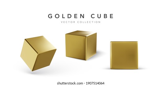 Collection of golden cubes with shadow isolated on white background. Gold color element. Vector illustration