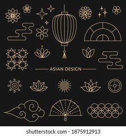 Collection of golden decorative elements in oriental style with moon, stars, clouds, patterned circles, lanterns, fireworks, flowers. Set of asian design element. Vector illustration